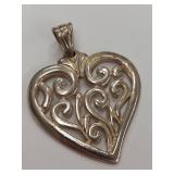 Sterling Silver Heart Pendant with Intricate Scroll Design