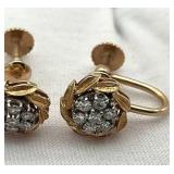 Vintage 14K Gold Round Diamond Cluster Screw Back Earrings, 10mm Diameter, 5.25 Grams Total Weight, 7 Round Diamonds per Earring