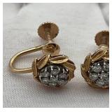 Vintage 14K Gold Round Diamond Cluster Screw Back Earrings, 10mm Diameter, 5.25 Grams Total Weight, 7 Round Diamonds per Earring