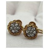 Vintage 14K Gold Round Diamond Cluster Screw Back Earrings, 10mm Diameter, 5.25 Grams Total Weight, 7 Round Diamonds per Earring