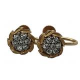 Vintage 14K Gold Round Diamond Cluster Screw Back Earrings, 10mm Diameter, 5.25 Grams Total Weight, 7 Round Diamonds per Earring