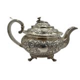 Antique Early 19th Century (1821) James Scott Dublin Irish Sterling Silver Claw Footed Tea Pot (Crowned Harp Hallmark) with Sugar Bowl & Cream Jug (1,624 grams Total Weight)