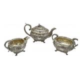 Antique Early 19th Century (1821) James Scott Dublin Irish Sterling Silver Claw Footed Tea Pot (Crowned Harp Hallmark) with Sugar Bowl & Cream Jug (1,624 grams Total Weight)