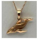 14K Gold Necklace (Stamped 14K BAB) with 14K Gold Humpback Whale Pendant (2.2 Grams Total Weight), 18-inch Necklace, 1mm