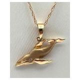 14K Gold Necklace (Stamped 14K BAB) with 14K Gold Humpback Whale Pendant (2.2 Grams Total Weight), 18-inch Necklace, 1mm