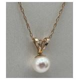 Vintage 10K Gold & Pearl Pendant Necklace (Both stamped 10K), 16-inch Chain, 1mm thick, and .6 Grams Total Weight