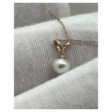 Vintage 10K Gold & Pearl Pendant Necklace (Both stamped 10K), 16-inch Chain, 1mm thick, and .6 Grams Total Weight