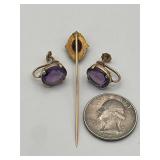 Vintage 14K Gold & Amethyst Screw Back Earrings and Stick Pin (5.8 Grams Total Weight)