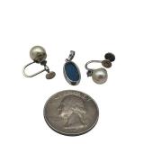 Vintage 14K White Gold & Pearl Screw Back Earrings and 14K White Gold & Opal Pendant (3.7 Grams Total Weight)