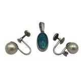 Vintage 14K White Gold & Pearl Screw Back Earrings and 14K White Gold & Opal Pendant (3.7 Grams Total Weight)
