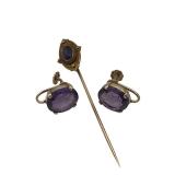 Vintage 14K Gold & Amethyst Screw Back Earrings and Stick Pin (5.8 Grams Total Weight)