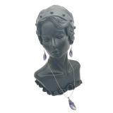 Beautiful 925 Sterling Silver & Purple Glass Pendant Necklace & Matching Earrings (16-inch Chain)