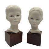 Vintage Cybis 10-inch Porcelain Boy and Girl Busts on Wood Stands