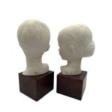 Vintage Cybis 10-inch Porcelain Boy and Girl Busts on Wood Stands