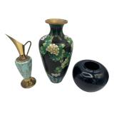 Wonderful Vintage Delft Brass and Ceramic Pitcher, Black Chinese Cloisonne Vase (10.5" tall), and Vintage Otagiri OMC Midnight Blue Pottery Vase