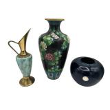 Wonderful Vintage Delft Brass and Ceramic Pitcher, Black Chinese Cloisonne Vase (10.5" tall), and Vintage Otagiri OMC Midnight Blue Pottery Vase