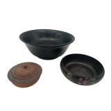 Vintage 10.5" Genuine Mahogany Bowl with Sterling Silver Base (Brooklyn, NY), Wood Carved Trinket Box, and Hand Painted Wood Floral Bowl