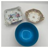 Vintage Reed & Barton #102 Silverplate with Blue Enamel Bowl, Royal Czechoslovakia Decorative Dish, and Hand Painted Nippon Japan Dish