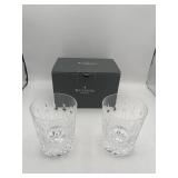 Nice Set of 2 Waterford Crystal Happy Birthday Double Old Fashioned Glasses with Original Box (4 3/8" tall)