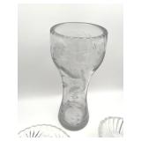 Vintage Mikasa Crystal Candy Dish, Anchor Hocking 7 1/8" Serving Bowl, and 11.75" Etched Floral Glass Vase