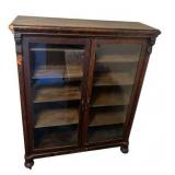 Antique Two-Door Bookcase with Adjustable Shelves and Locking Doors (with Key), Rolling Wheels - 48.5" W X 60.5" T x 15" D)