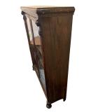 Antique Two-Door Bookcase with Adjustable Shelves and Locking Doors (with Key), Rolling Wheels - 48.5" W X 60.5" T x 15" D)