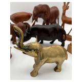 Vintage Exotic Wood Carved Animals & Solid Brass 5.5-inch Elephant with Wall Shelf