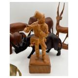 Vintage Exotic Wood Carved Animals & Solid Brass 5.5-inch Elephant with Wall Shelf