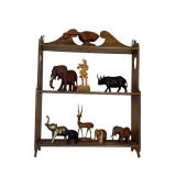 Vintage Exotic Wood Carved Animals & Solid Brass 5.5-inch Elephant with Wall Shelf