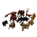 Vintage Exotic Wood Carved Animals & Solid Brass 5.5-inch Elephant with Wall Shelf