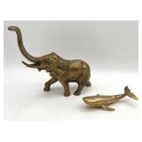 Vintage Solid Brass Elephant and Whale Figurines (Elephant is 5.75" T x 5.5" L)