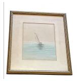 Amazing Framed Antique Pencil and Watercolor Sailboat Piece (13" x 15" Frame), Artist Unknown