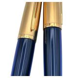 Nice Vintage 1990s Waterman EDSON Blue Sapphire 18K Gold Fine Nib Fountain Pen & Matching Ballpoint Pen - Both Need Ink