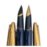 Nice Vintage 1990s Waterman EDSON Blue Sapphire 18K Gold Fine Nib Fountain Pen & Matching Ballpoint Pen - Both Need Ink