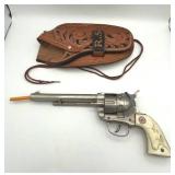 Nice Vintage Hubley Cowboy Western Cap Gun Toy Revolver (approx 11" long) with Leather Holster