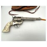 Nice Vintage Hubley Cowboy Western Cap Gun Toy Revolver (approx 11" long) with Leather Holster