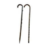 Pair of Vintage European Hiking/Walking Canes with Commemorative Badges (approx 35.5" long)