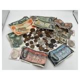 Antique and Vintage Foreign Currency Lot - Coins and Paper Money