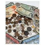 Antique and Vintage Foreign Currency Lot - Coins and Paper Money