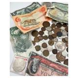 Antique and Vintage Foreign Currency Lot - Coins and Paper Money