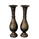 Pair of Vintage 13.5-inch Indian Brass Vases with Etched Floral Design