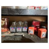 Garage Shelving Unit #2 Loaded with New Husqvarna Two Stroke Engine Oil, Vintage Oil and Gas Cans, and More! - Shelving Unit Included