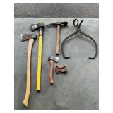 Vintage Boy Scouts "Scout" Axe, Master Mechanic Maul Axe Vintage Craftsman 3.5 Pound Axe, and Vintage Ice Block Tongs