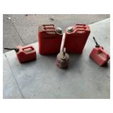 Two Vintage 5-gallon Jerry Cans, a Justrite Safety Can, a Steri-Can, and 1.5 gallon Gas Cans