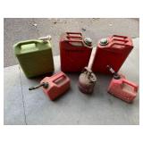 Two Vintage 5-gallon Jerry Cans, a Justrite Safety Can, a Steri-Can, and 1.5 gallon Gas Cans