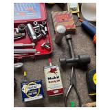 Neat Vintage Tools and Collectibles Lot - Mobil Handy Oil, Stanley 25 ft Leverlock, Socket Wrench Set and More!