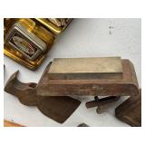 Antique & Vintage Tools - Tap & Die Set, Antique Hand-Made Drill Bit Box w/ Bits, Antique Hammer Hatchet Head w/ Nail Puller, Sharpening Stones, and Block Plane