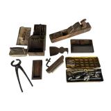 Antique & Vintage Tools - Tap & Die Set, Antique Hand-Made Drill Bit Box w/ Bits, Antique Hammer Hatchet Head w/ Nail Puller, Sharpening Stones, and Block Plane