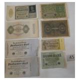 8 wartime German Mark Reichsbanknotes from 1919, 1922, 1923, 1925