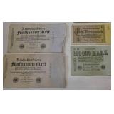 8 wartime German Mark Reichsbanknotes from 1919, 1922, 1923, 1925